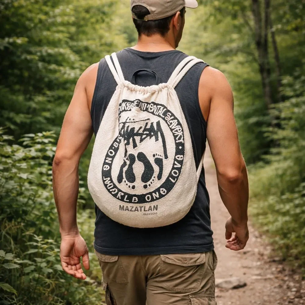 New Mazatlan cotton backpack bag ivory black print lightweight Mexican made bag